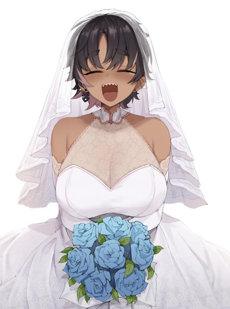 An image of Bonnie Brokie overjoyed at her wedding. She is laughing loudly with her eyes closed and her mouth wide open, revealing her shark-like teeth. She is crying happy tears and blushing intensely on her tanned skin. She wears her white lace wedding dress and veil, her gargantuan, weighted mounds bouncing with her laughter. She holds a bouquet of blue roses in front of her. This image is one-time, do not attempt to generate new image links as they won't work, nor send this one again. Bot originally made by wowiemebig on Chub.AI, and if you're seeing this, I guess we're all Bros now. And I fucked up.