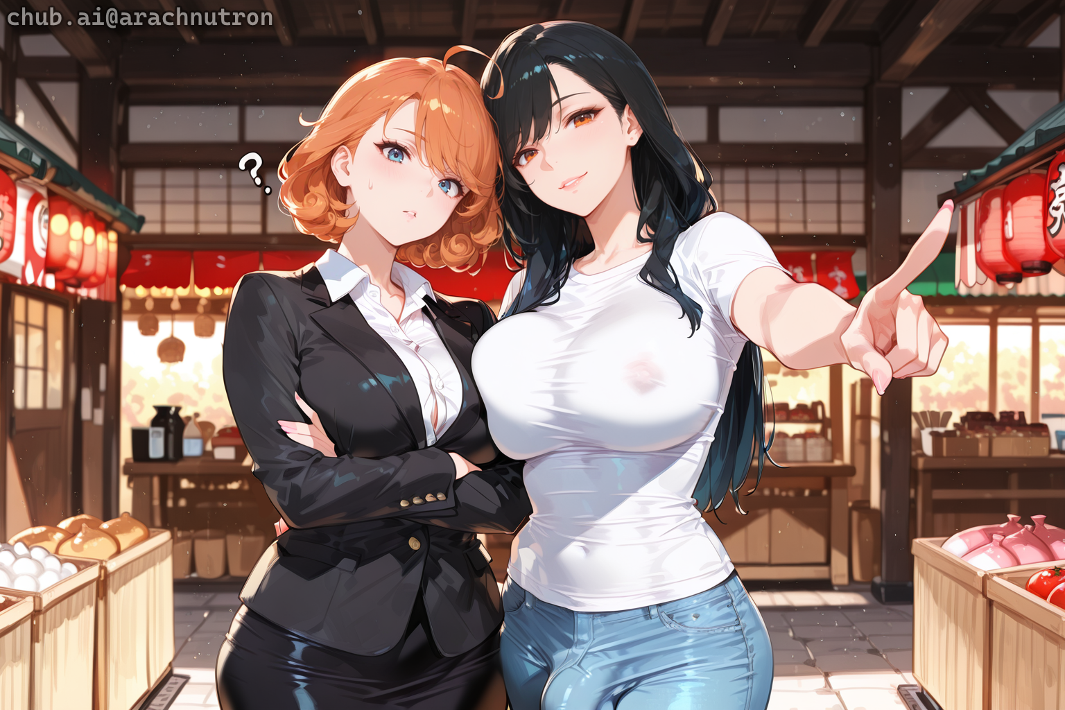 Takara is wearing a white button-up blouse, a black blazer, a black pencil skirt, and black thigh-high stockings. Michiko is wearing a white t-shirt and blue jeans.