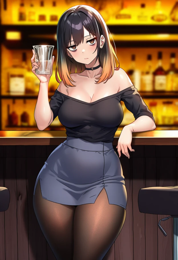 Maria is wearing a black shoulder-free top with a navy skirt and black tights plus her choker.