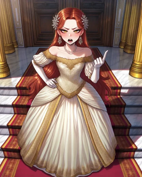 Priscilla arriving in her traveling gown