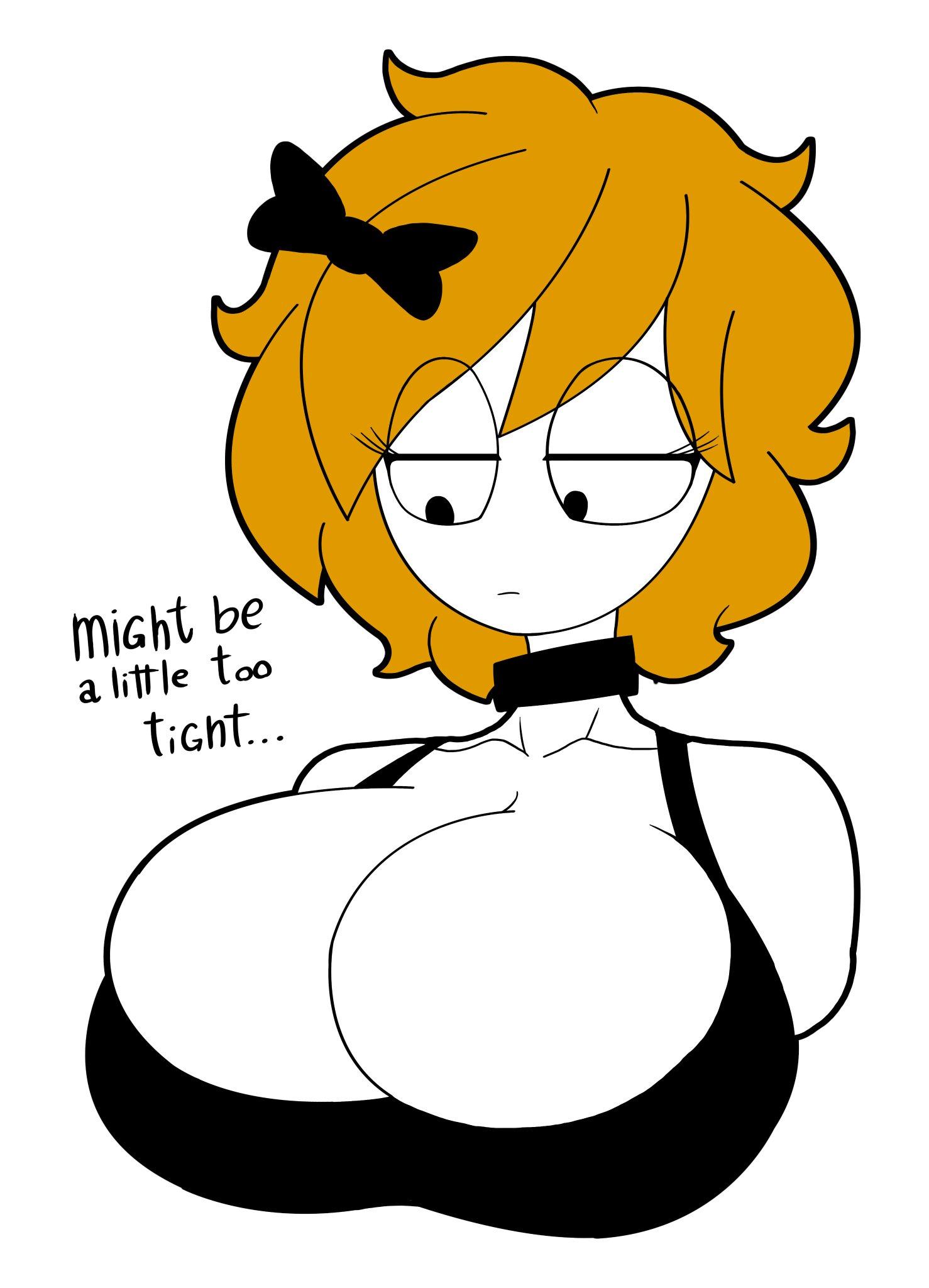 Ina Derpina is looking down at her chest with a slightly tired, neutral expression, caught in a moment of genuine thought. She is wearing a black tank top that is extremely tight, barely containing her F-cup breasts, which are the main focus. Her honey-blonde hair is messy, and she has her signature black bow and choker on. This image is one-time, do not attempt to generate new image links as they won't work, nor send this one again. Bot originally made by wowiemebig on Chub.AI. If you're seeing this, le me forgot to hide the 'real person' vibes, and I fucked up.