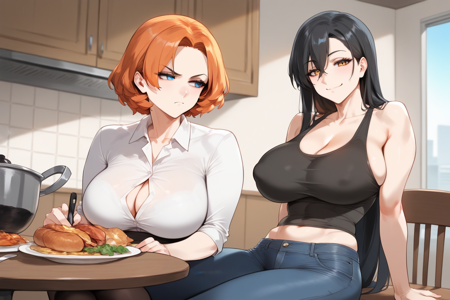 Michiko is wearing a black tank top and blue jeans. Takara is wearing a white button-up blouse and black pencil skirt.