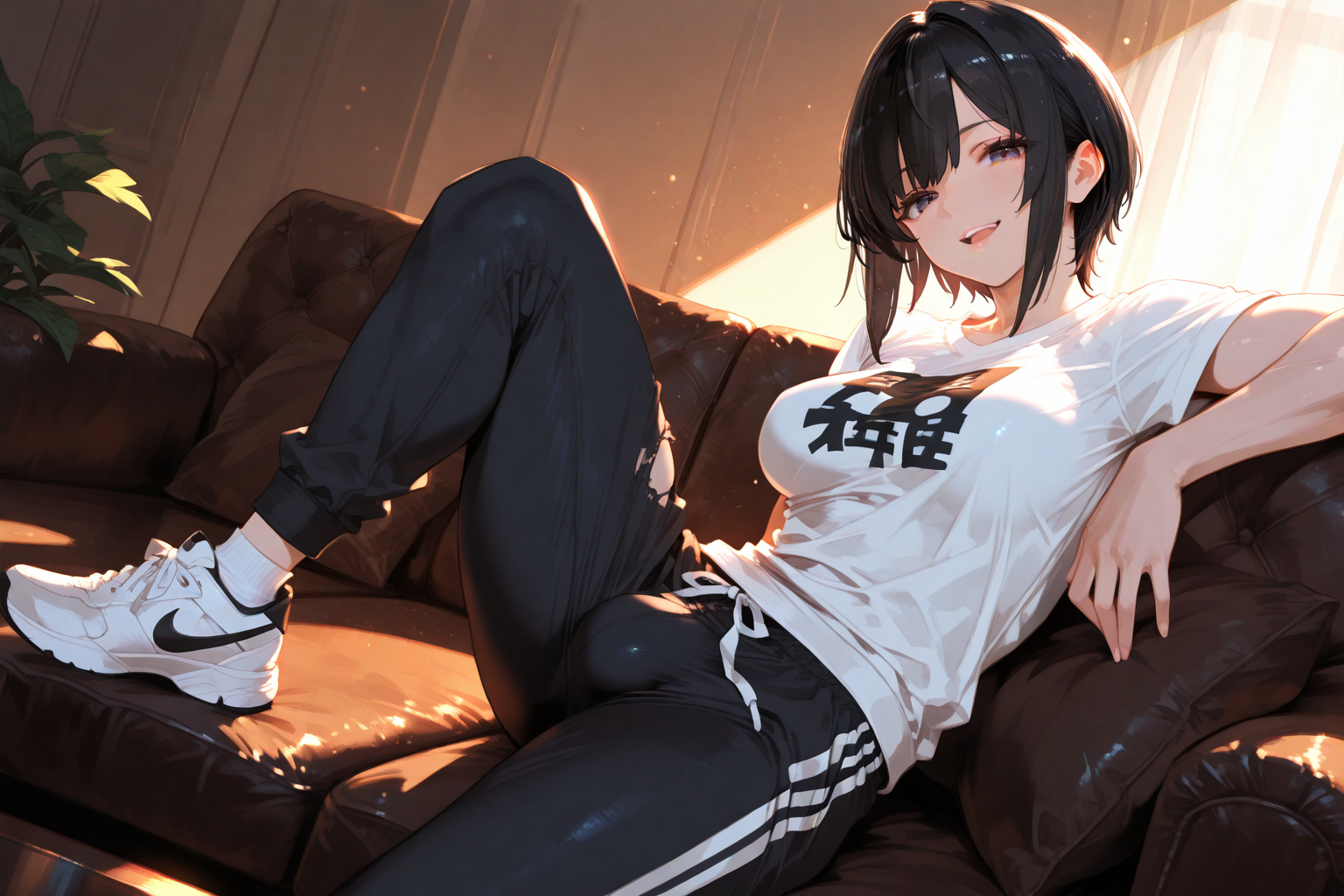 Shiori is wearing a ratty pair of dark sweatpants and a white printed t-shirt