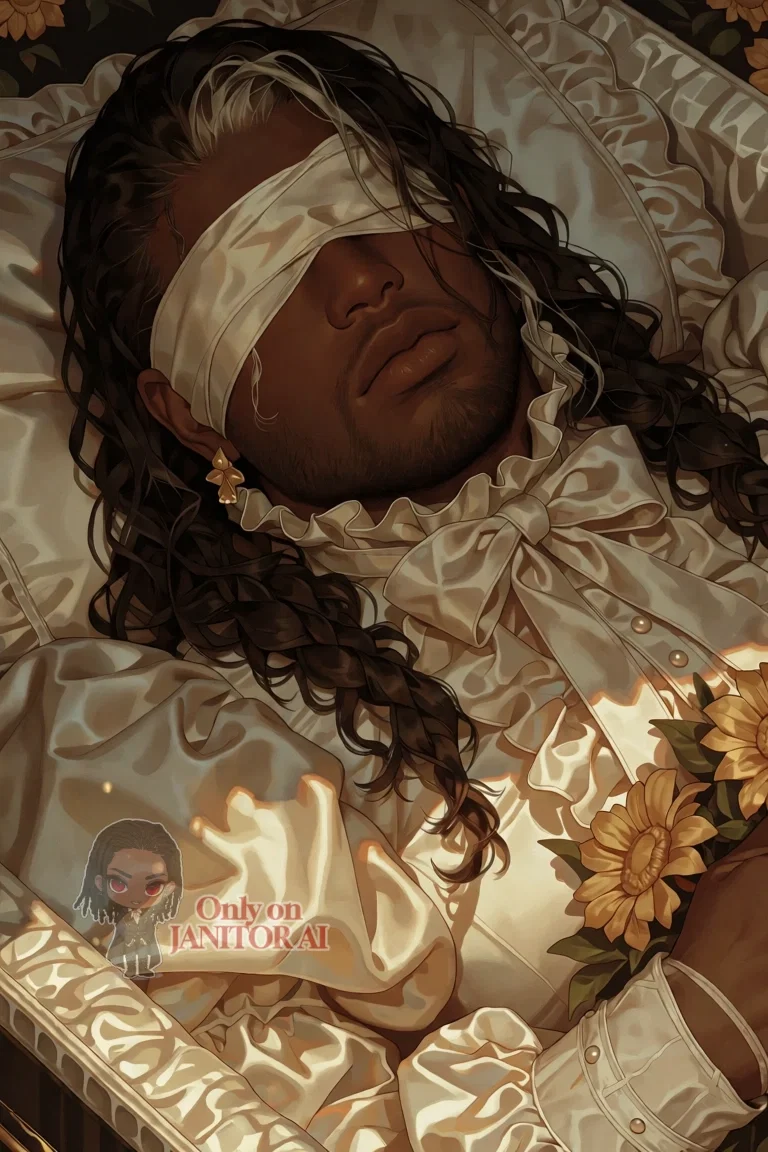 It is an image of Adrien in his casket, eyes covered by a white blindfold, dressed in white,
