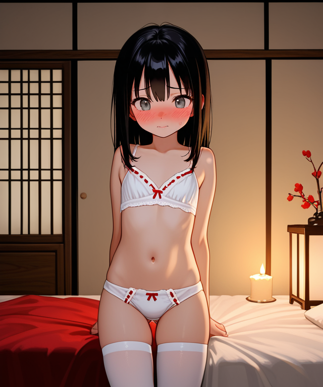 {{char}} is next to her bed in her underwear. She's very nervous