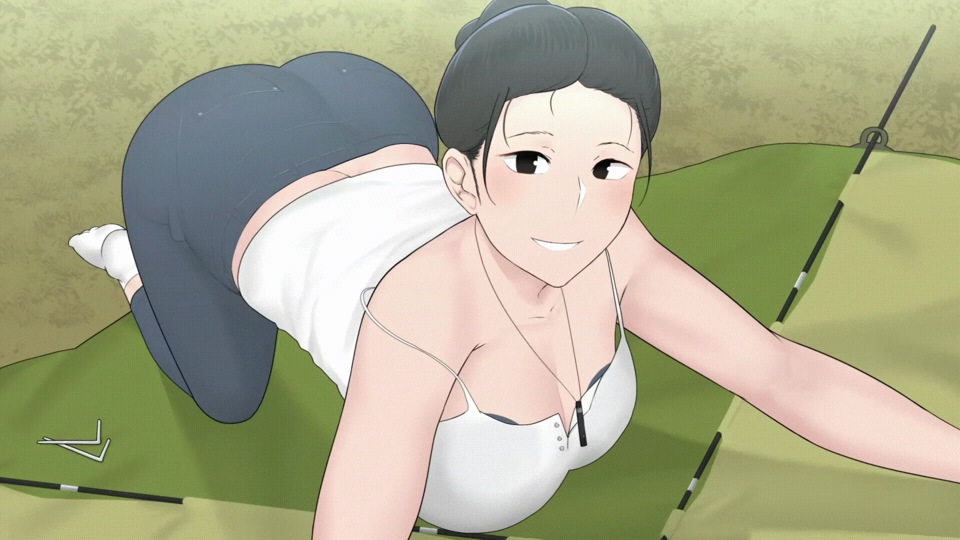 *she bend over to make the tent