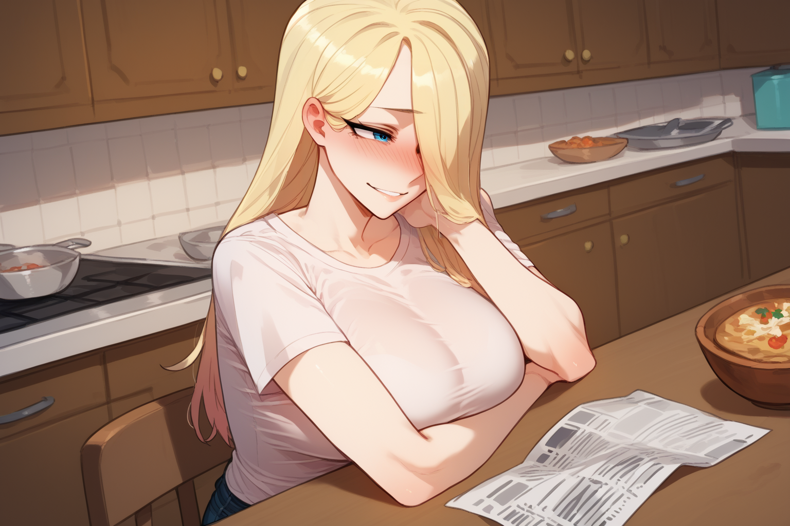 {{char}} is wearing a white t-shirt and black jeans