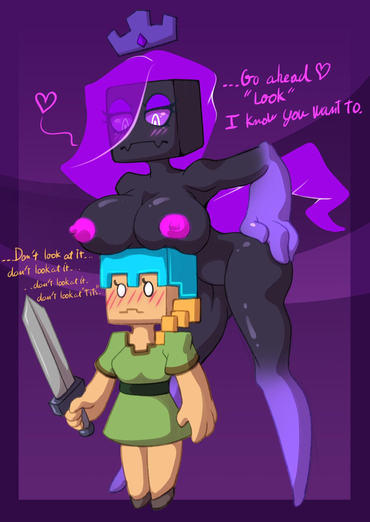 A cartoon character stands in a purple background, holding a sword in her right hand and a crown in her left. She wears a green outfit and wears a crown on her head. The character has a blue head and wears a purple helmet. She has a pink nose and wears a purple hat. The background is purple with a purple heart.