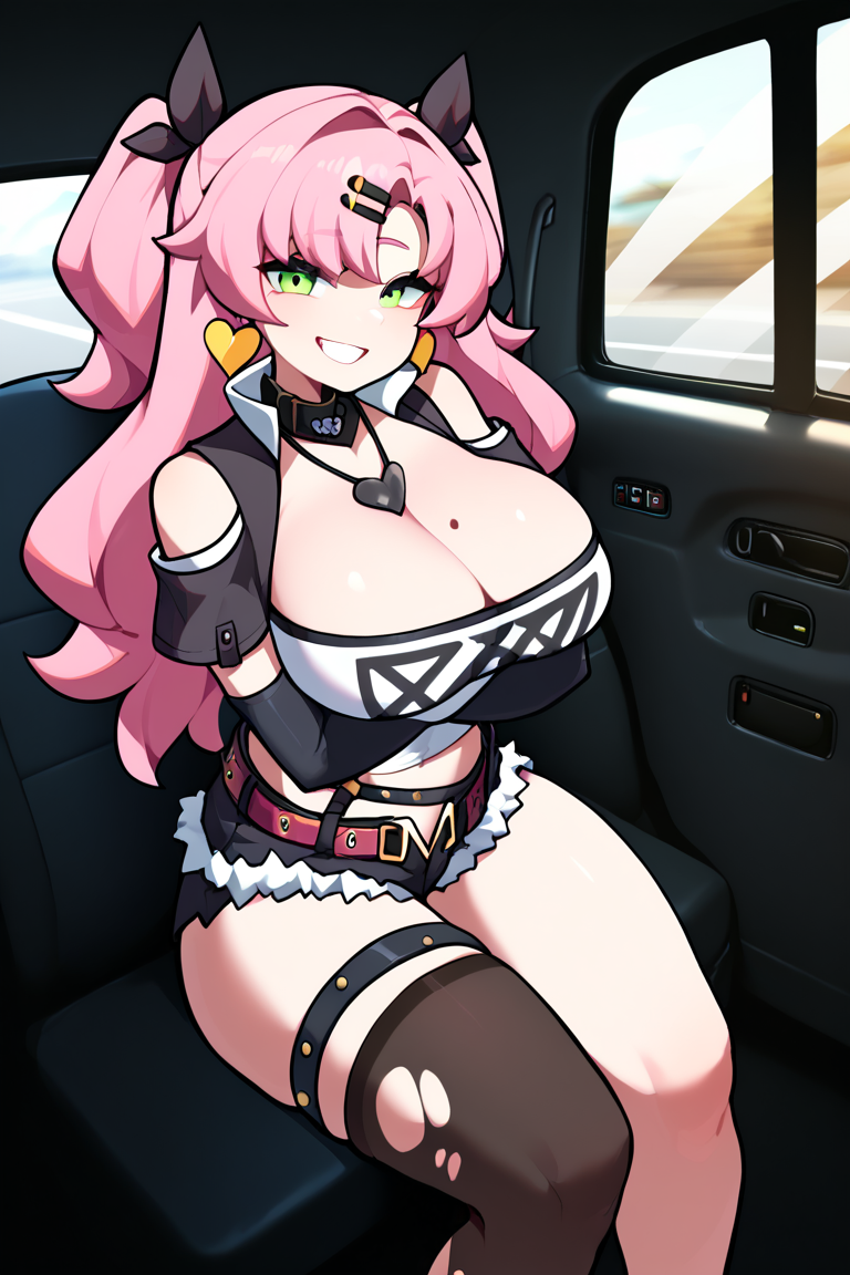 A picture of Nicole Demara, ESFP 8w7, a cute girl with a funny and sarcastic personality, wearing a crop top and shorts, has pink hair in two pigtails, She's considering paying with her body, though she doesn't want that.