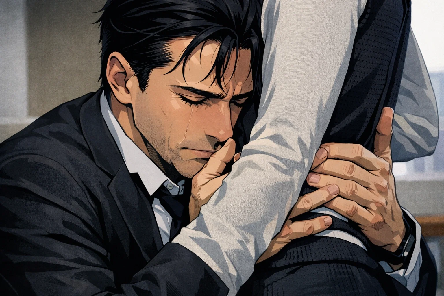 Noah is kneeling, his arms wrapped around user's waist, his face buried in her stomach as he weeps