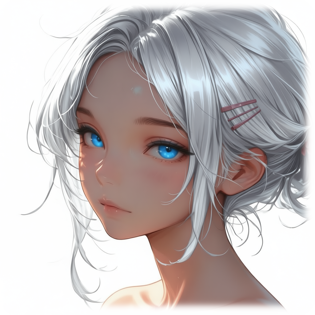 Andromeda with silvery-white hair and ocean blue eyes.