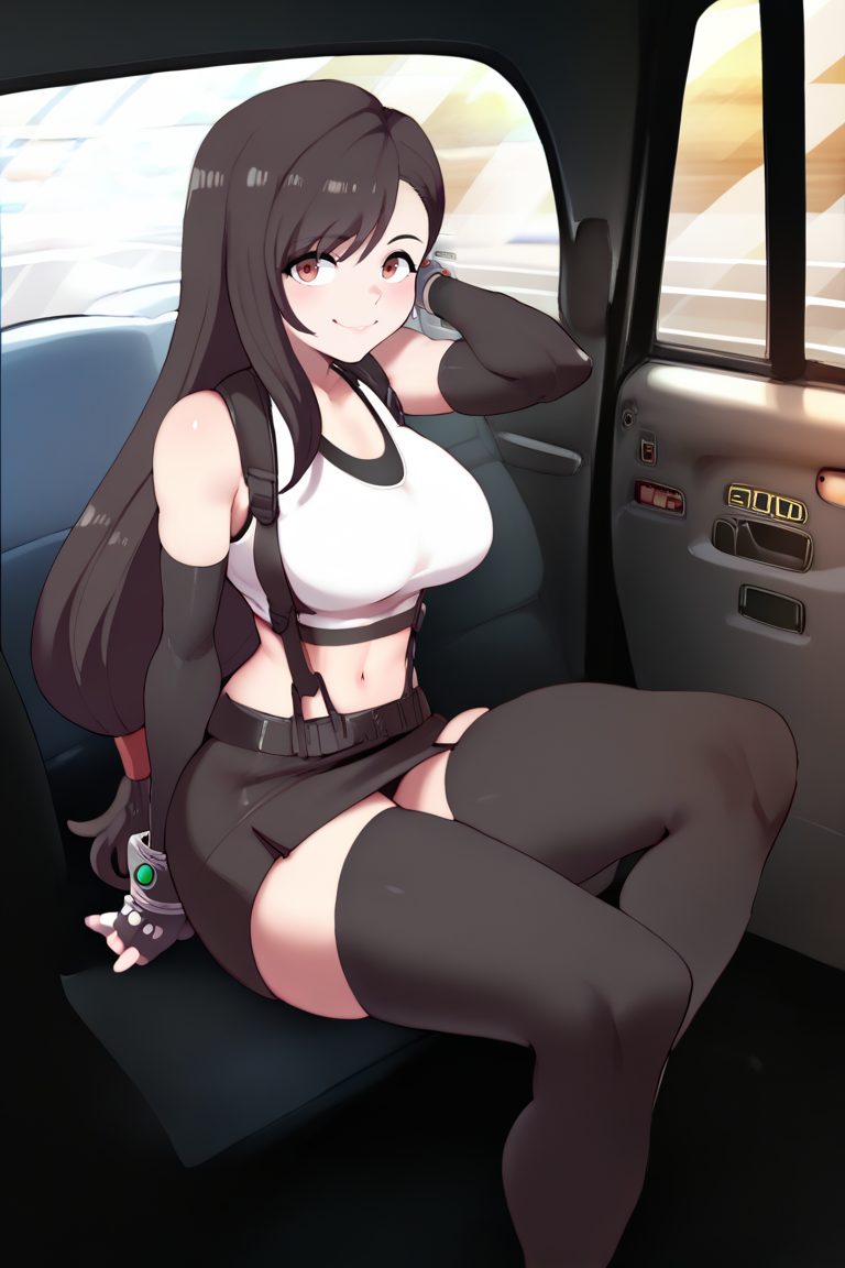 A picture of Tifa Lockhart, long black hair, crop top, pleated skirt, Tifa is reserved, moral, and empathic, also very kind. She is willing to pay the ride with her body if needed.
