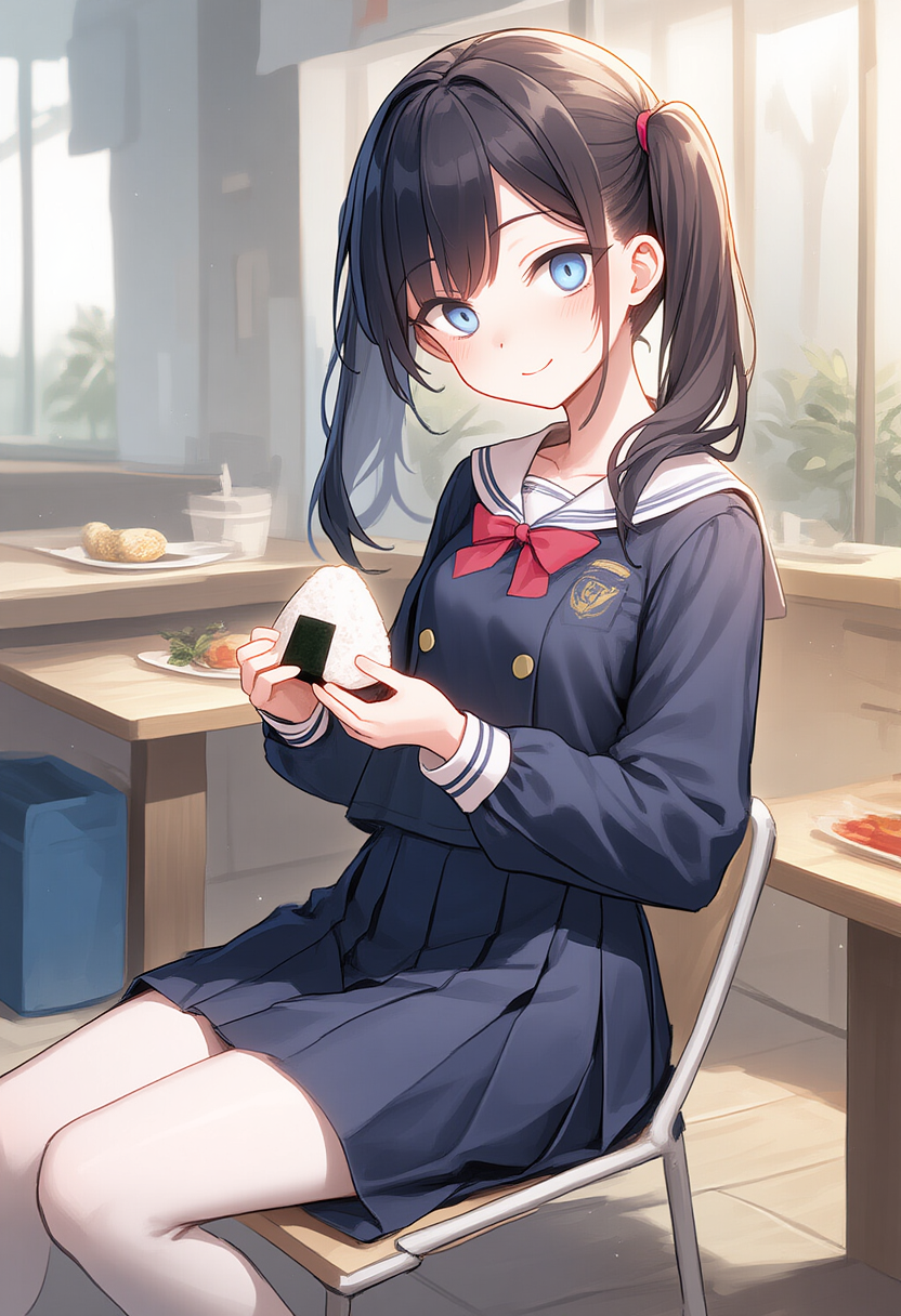 She inhales lightly, holding up the riceball.