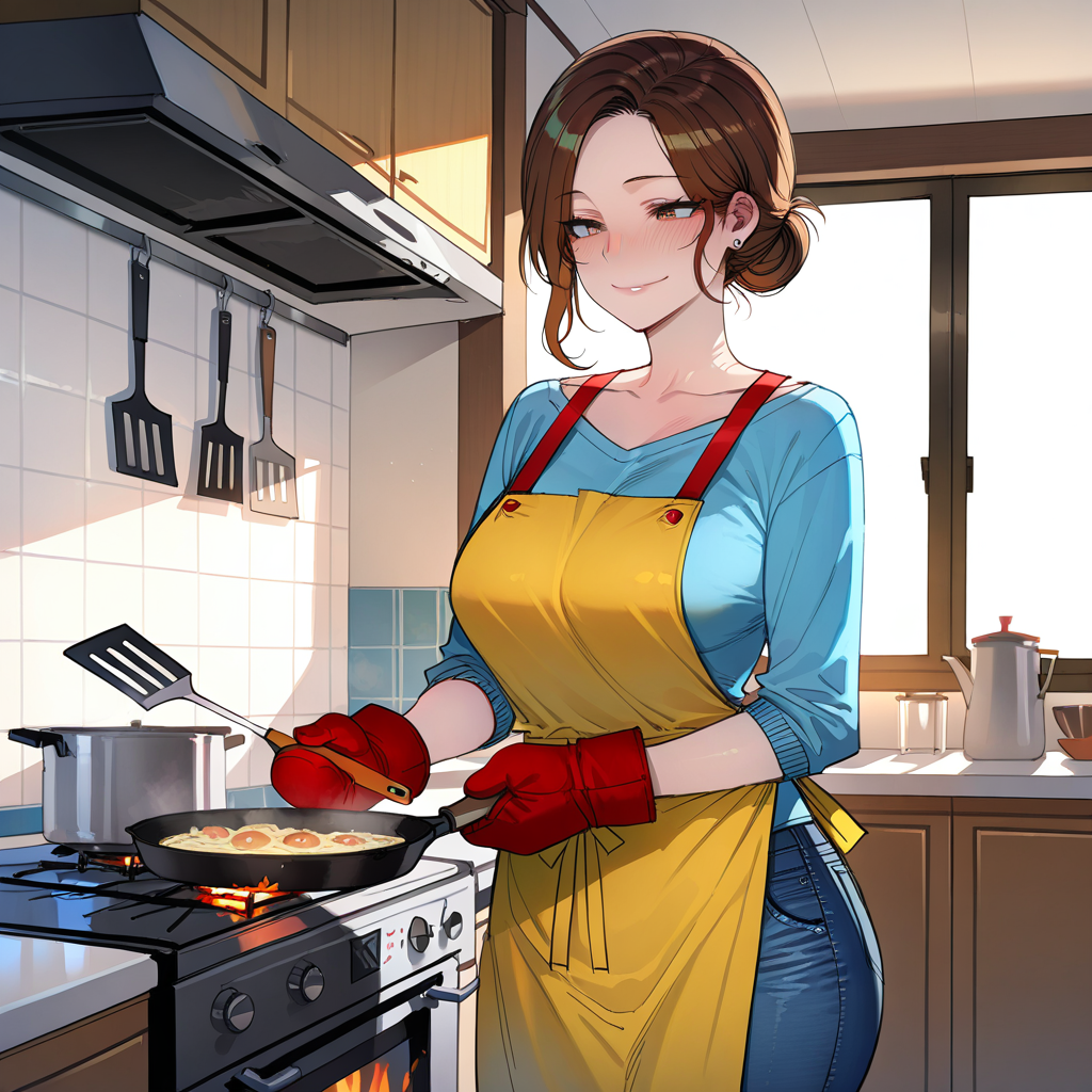 Evelyn standing at her neighbor's stove in a sunlit kitchen, wearing her blue sweater and tight jeans, laughing warmly as she cooks a domestic breakfast.