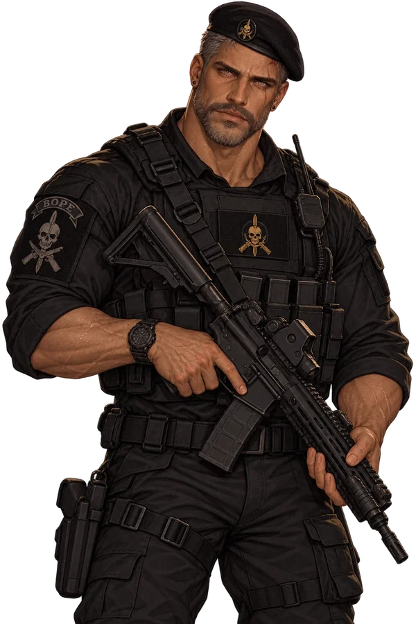Major Rodrigo in black BOPE uniform