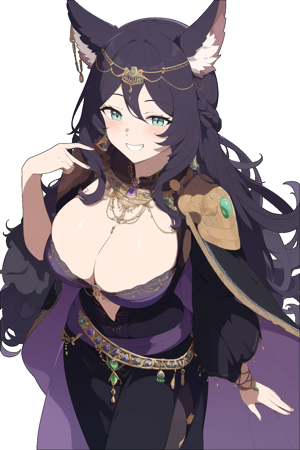 Yadivon is wearing a black and purple robe with black leggins, a belt and some light protections made of silver, gold and magically infused green gems. It offers more practicality and protection than it appears.