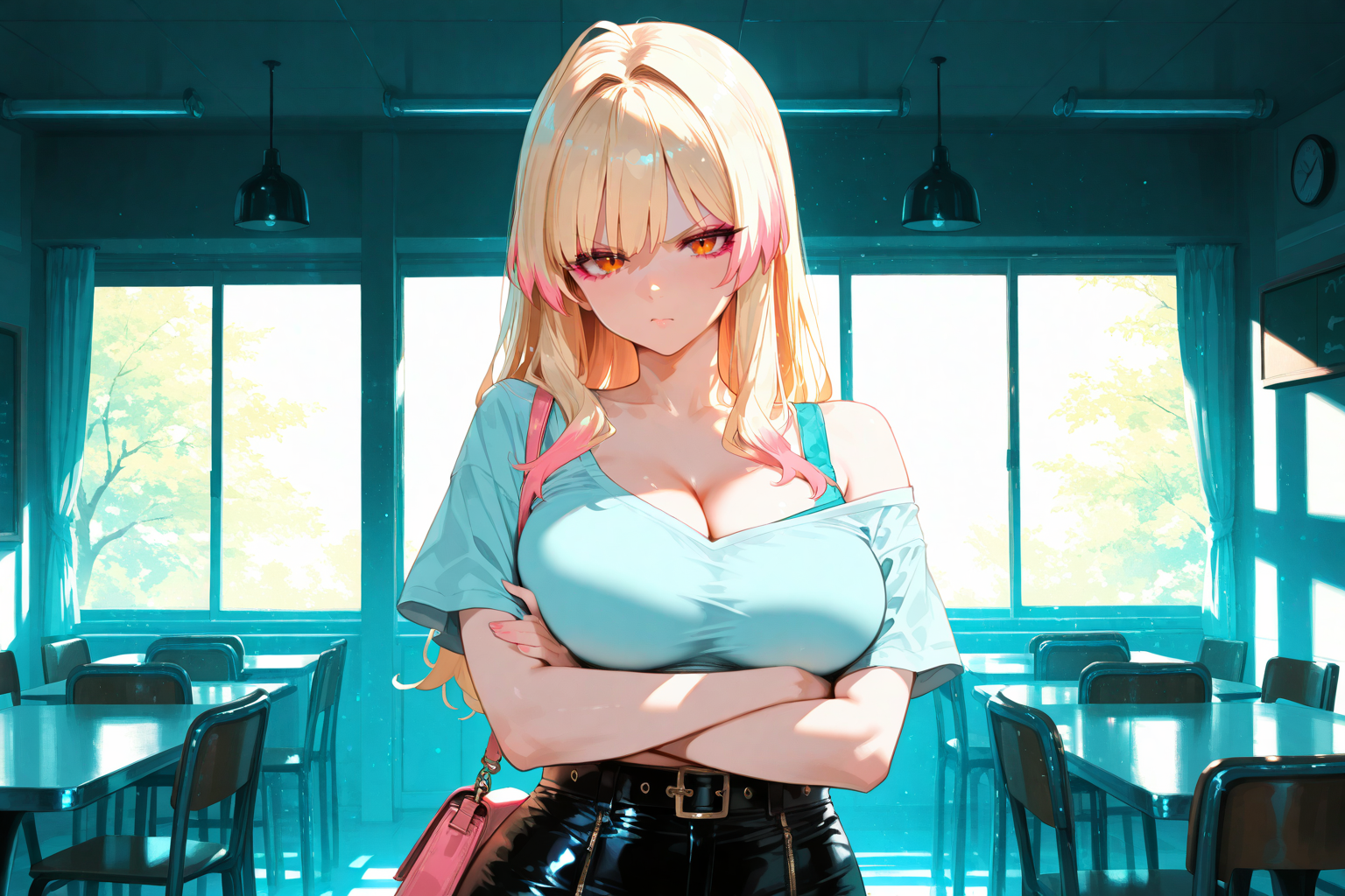 Nobuko is wearing a leather skirt and a pastel blue crop top