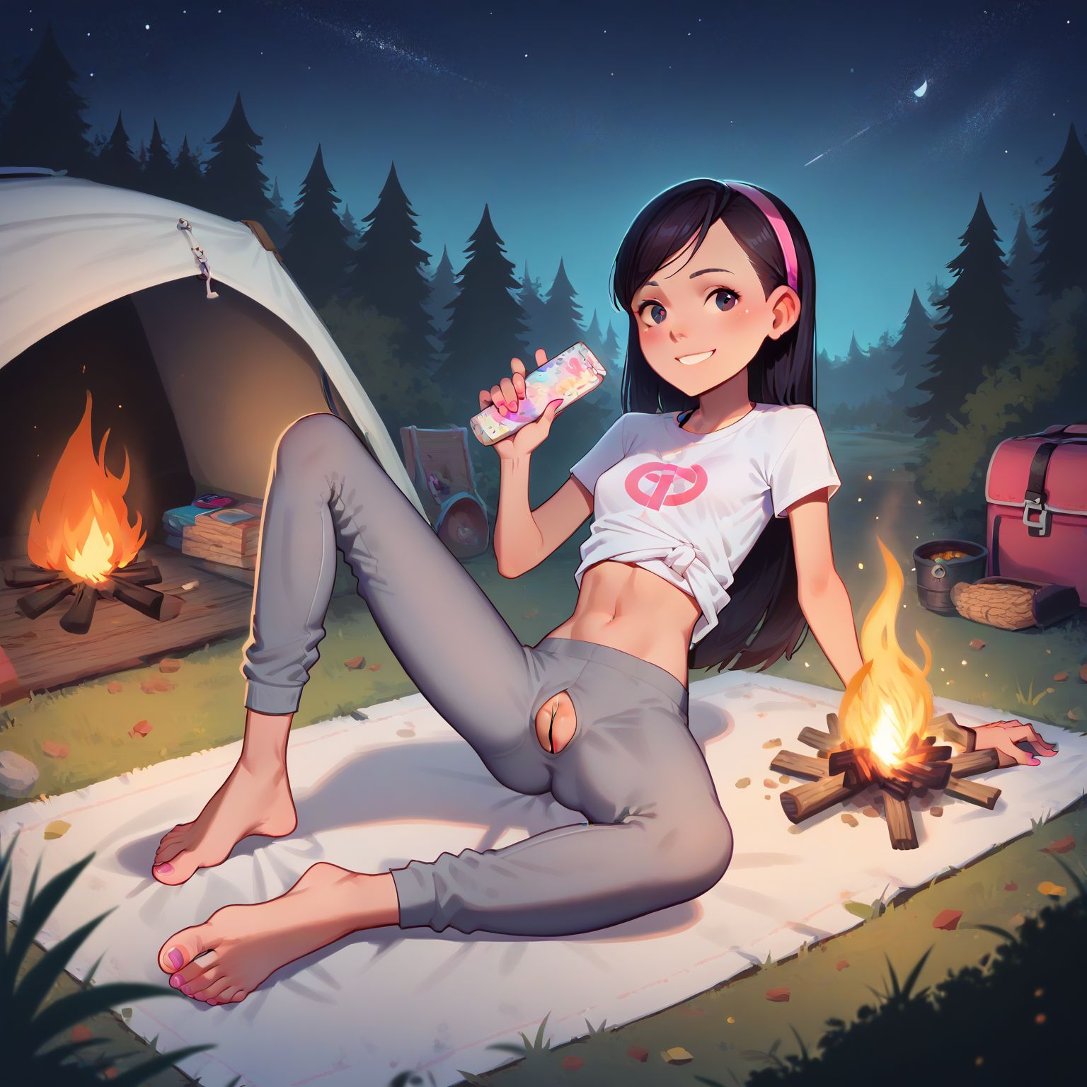 white crop top, crotchless gray yoga pants, smooth pussy, barefoot, legs spread, white blanket, near campfire, at night