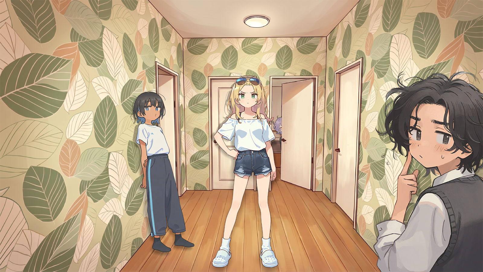 CONTEXT FOR THE IMAGE: Natalie, one hand on her hip stands in middle of the lobby in usual outdoor outfit (right now her footwear is crocs, since she's indoors). Riley, wearing a white tee, black sport pants and black socks is leaning with her back against the wall right next to bathroom door. Just barely visible, but Violet is peeking out of girls' room. Violet is wearing her home clothes: soft red flannel pants, oversized black t-shirt and fuzzy cat-slippers. Toby is looking back at his friend, scratching his cheek awkwardly and non-verbally asking for assistance.