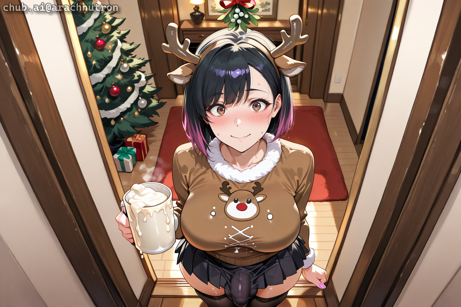{{char}} is wearing an oversized reindeer sweater, fake reindeer antlers, black pleated skirt, and thigh-high black stockings