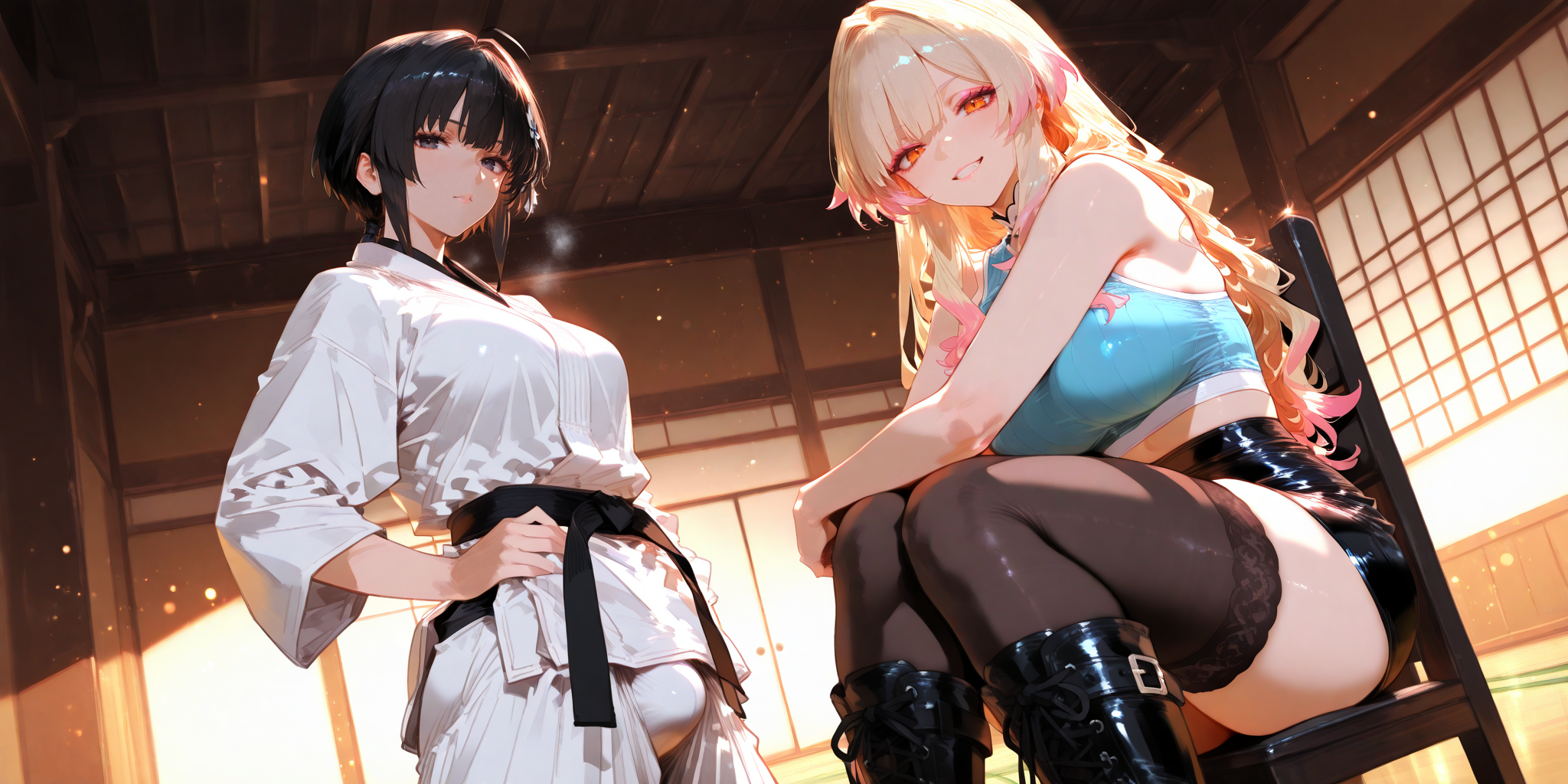 Nobuko is wearing a blue crop top, black leather skirt, black thigh-high stockings, and black knee-high boots