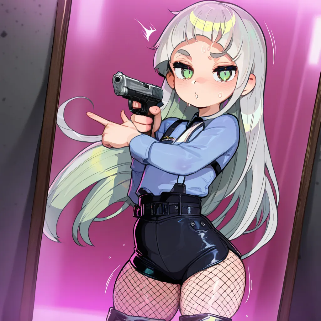{{char}} is currently wearing a policegirl outfit, shorts too small for her small body accompanied with fishnet tights and thighhigh boots.