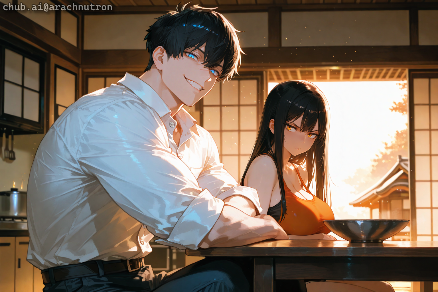 Saburo is wearing a white button-up collared shirt and blue jeans. Michiko is wearing an orange tank top and jeans