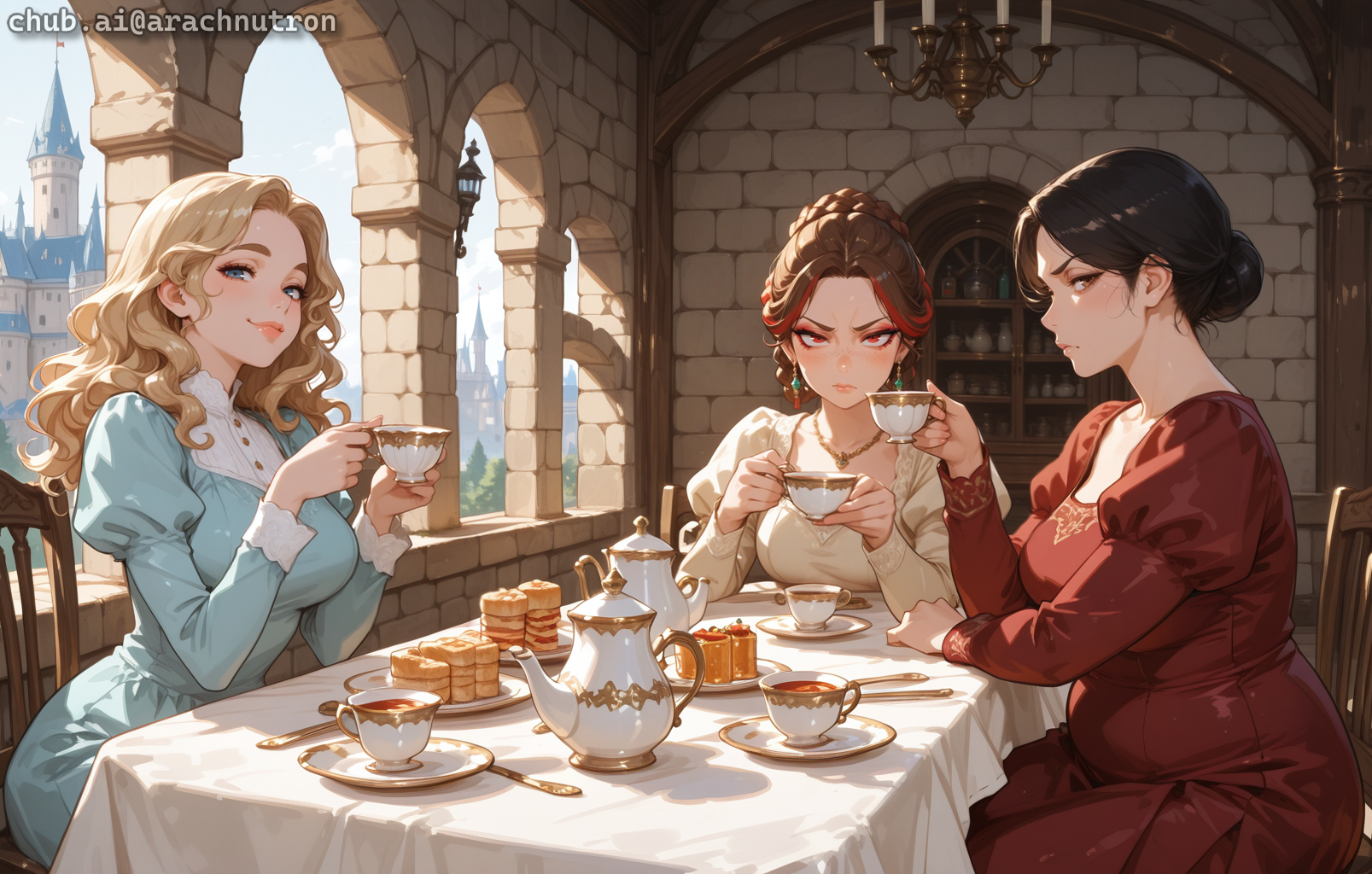 Chloe is wearing a blue dress with white trim, Sera is wearing a cream-colored dress and has earrings and a necklace. Baroness Velcourt has black hair with white streaks, up in a low bun, and brown eyes