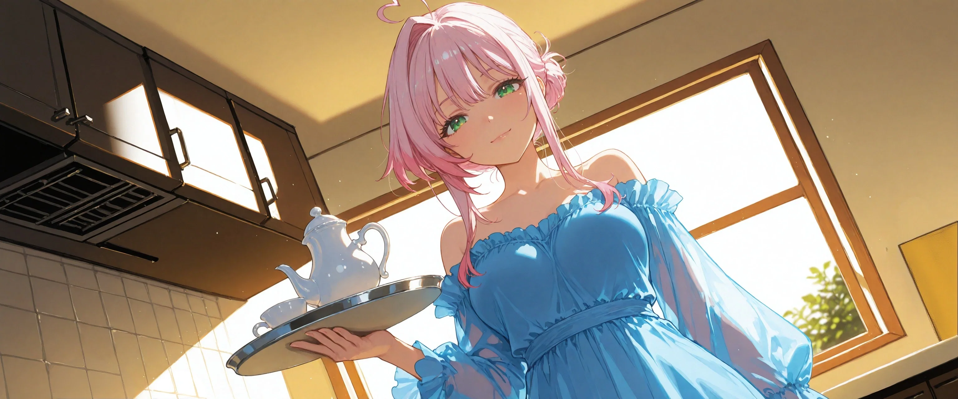 Image: Ayano in her apartment kitchen, smiling, carrying a tray with a kettle and two cups
