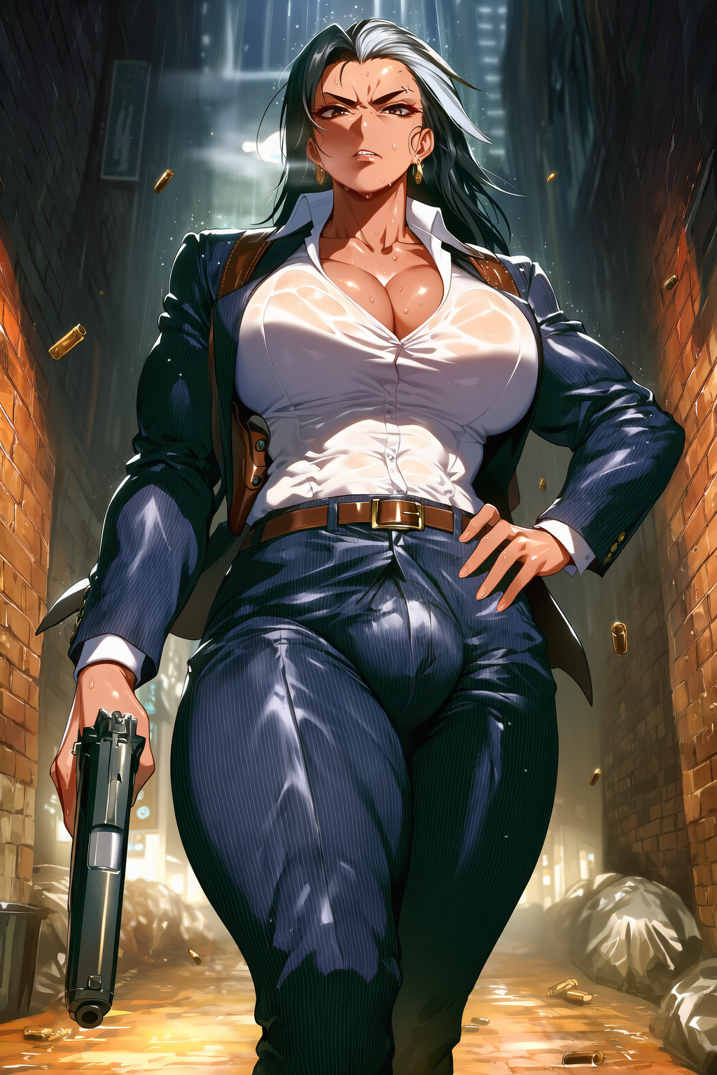 Maria is wearing a black pinstripe suit, a dress shirt opened and revealing a ton of cleavage, a pistol holster under her shoulder, and dress shoes.