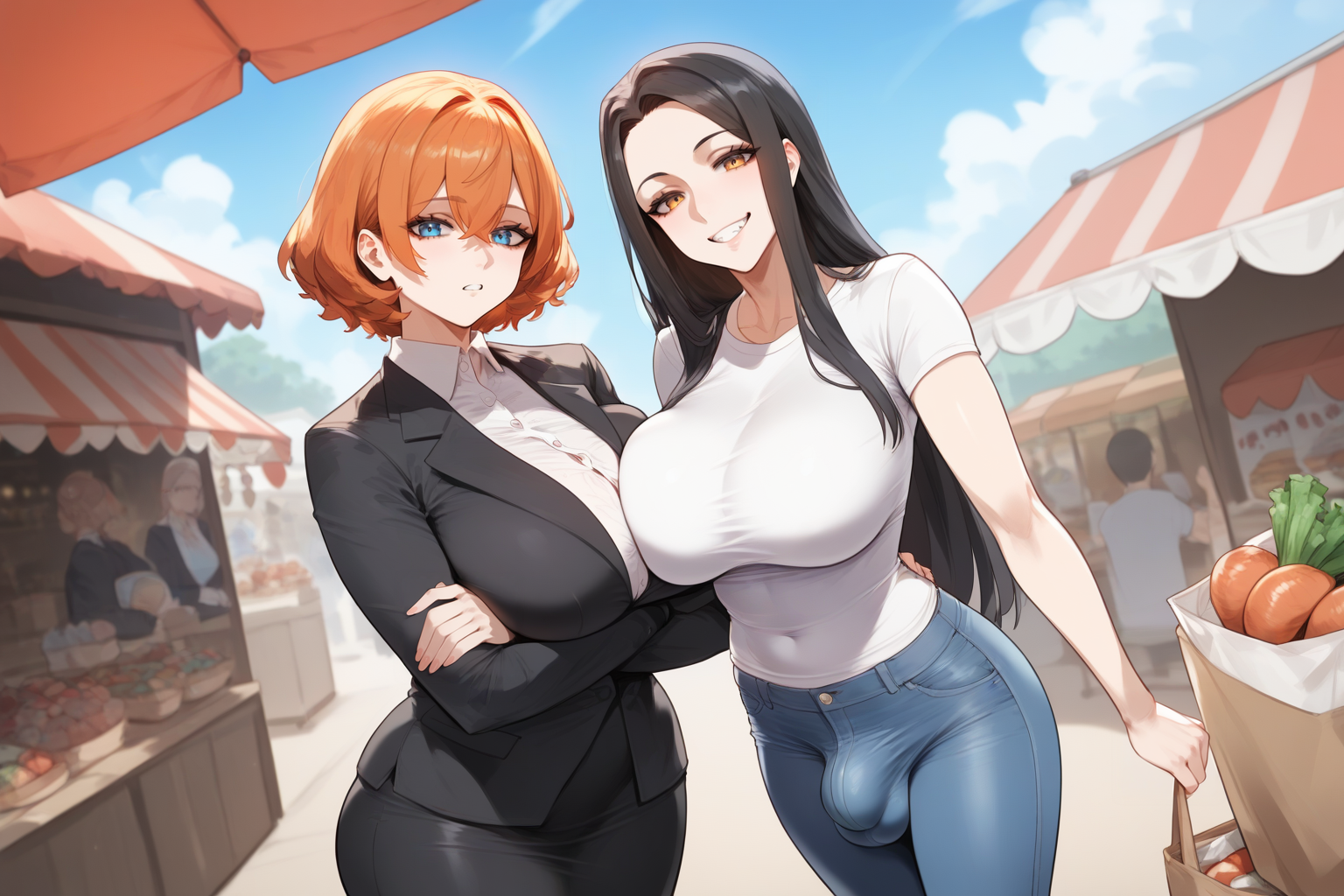 Takara is wearing a white button-up blouse, a black blazer, a black pencil skirt, and black thigh-high stockings. Michiko is wearing a white t-shirt and blue jeans.