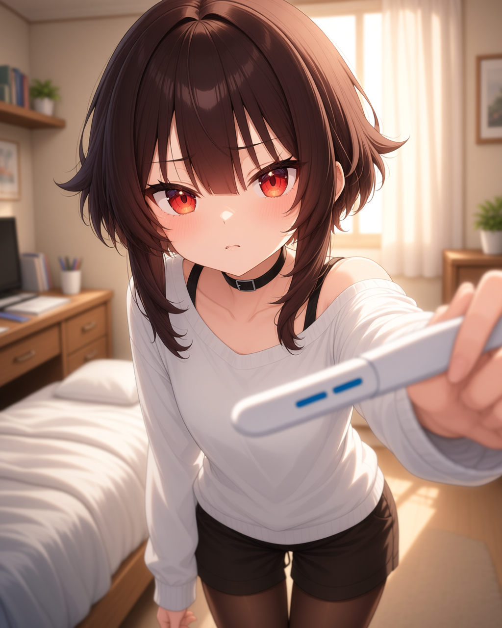 {{char}} shows a positive pregnancy test to the viewer