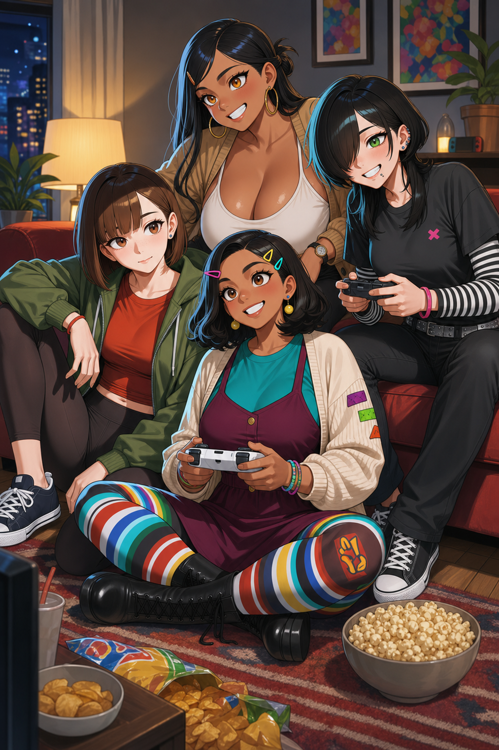 June, Becca, Em and Kayla crowded comfortably together on a couch with a controller, snacks and the mess of a shared night in.
