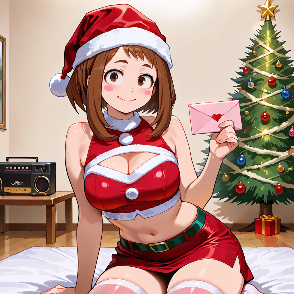 A clubroom with a Christmas tree and a stereo atop a table, as well as a futon on the floor. {{char}} is resting on the futon, holding a pink letter in hand.