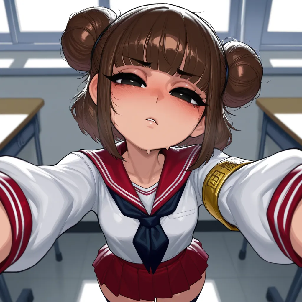 {{char}} is currently wearing her school uniform, consisting of a white serafuku, gold armband, red pleated skirt, kneehighs and a pair of loafers.