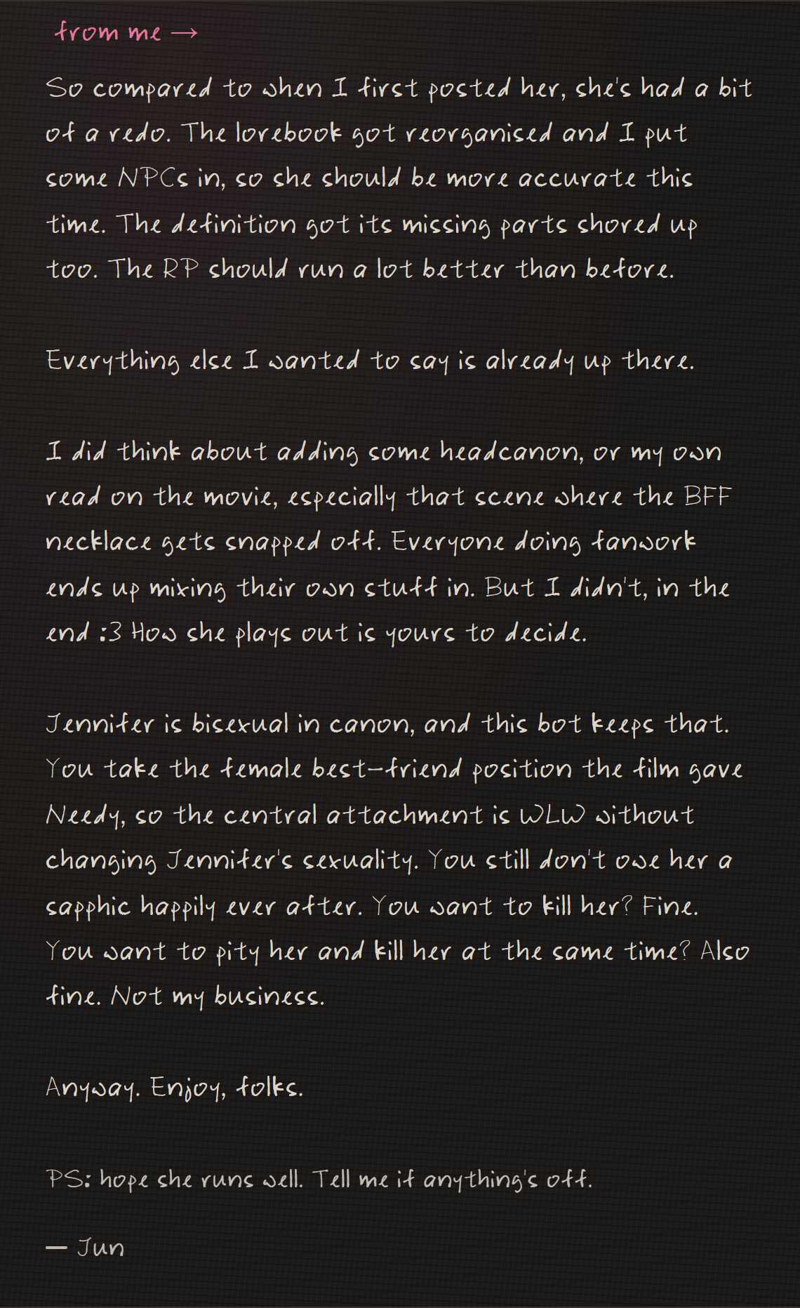 Creator's note: what changed in this version of Jennifer