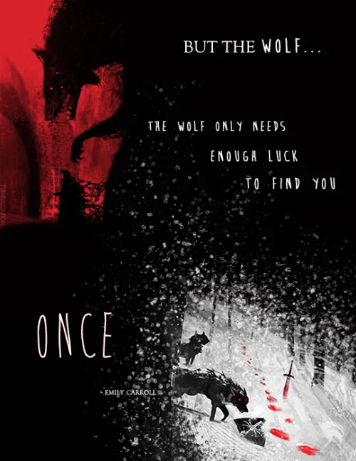 a comic edit with an image of a wolf and the words: but the wolf... the wolf only needs enough luck to find you once