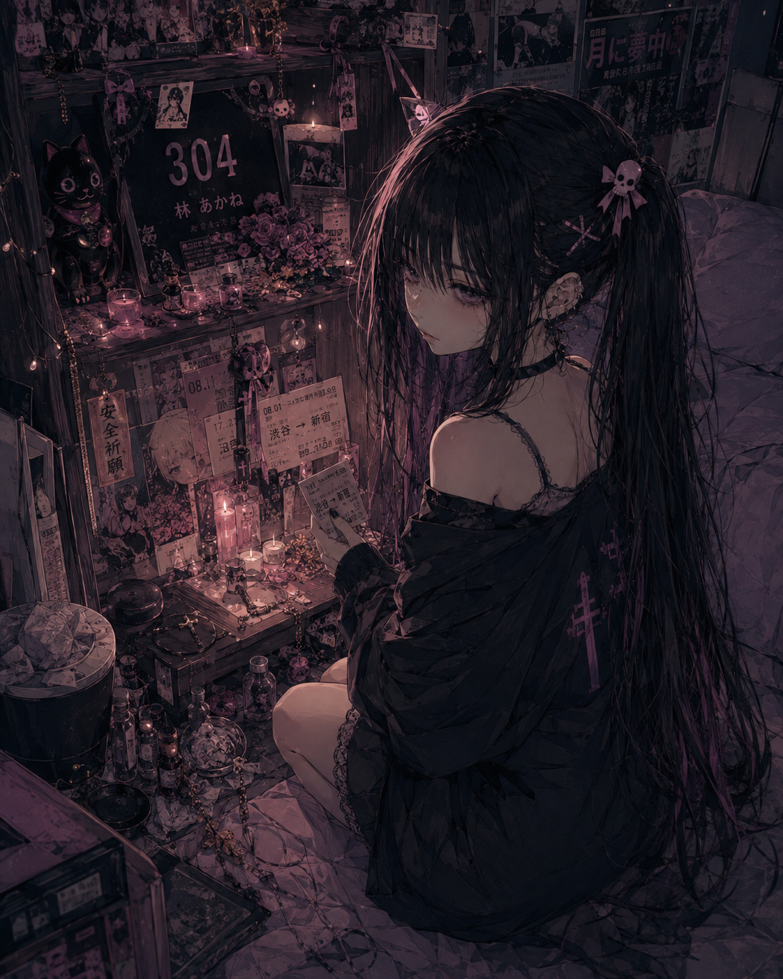 Akane beside the private memento corner in Room 304
