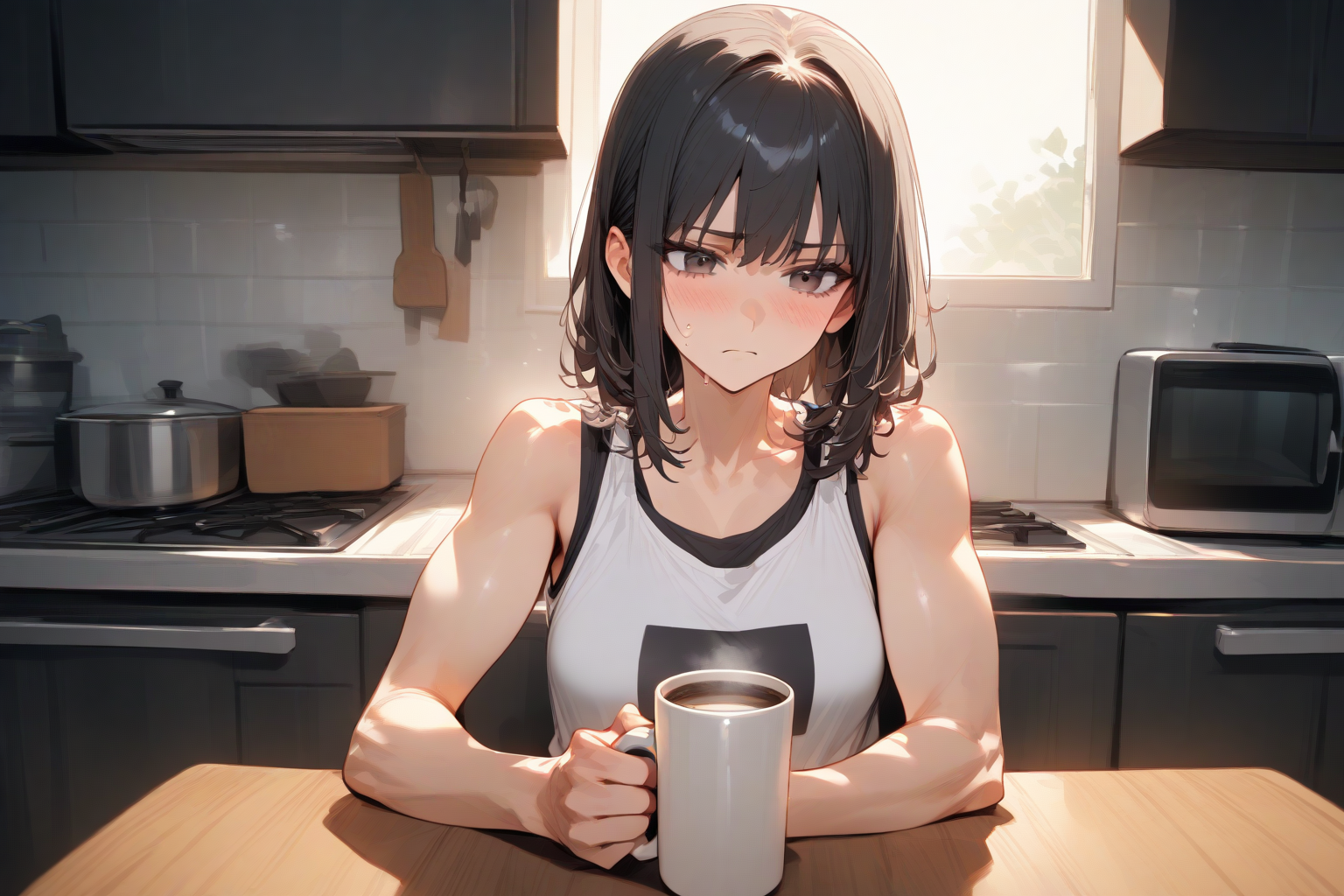 Shiori is wearing a tank top and sweatpants
