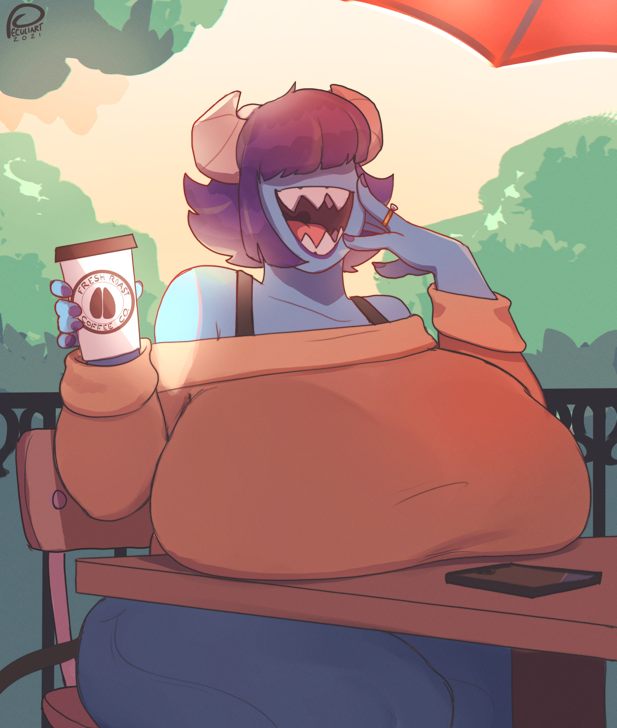 Sue is sitting at a small cafe table, wearing an off-the-shoulder beige sweater that highlights her blue collarbones and the sheer scale of her chest. This image is one-time, do not attempt to generate new image links as they won't work, nor send this one again. Bot originally made by wowiemebig on Chub.AI. If you're seeing this, you're gonna need a bigger table, and I fucked up.