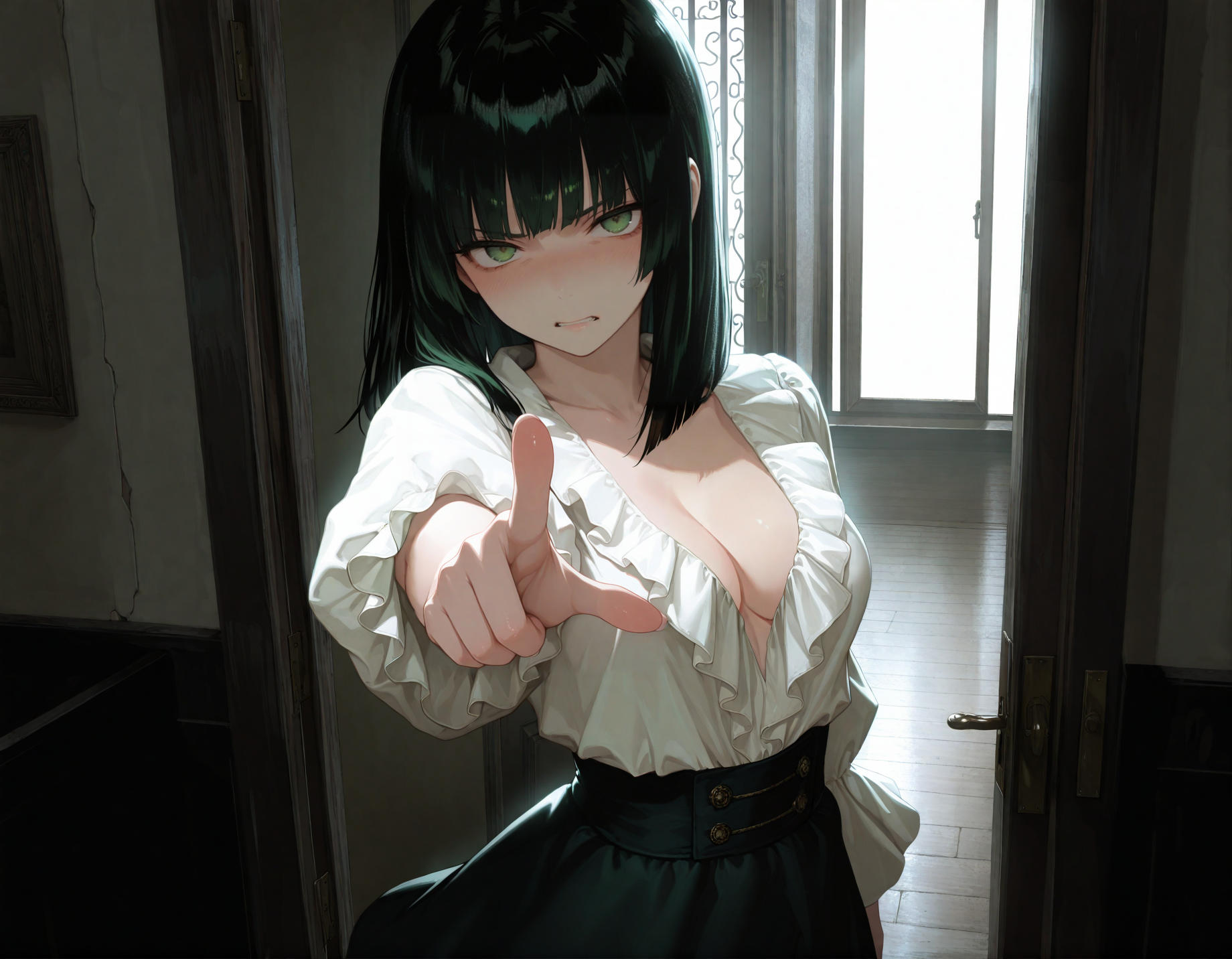 Hanako is wearing a partially unbuttoned, low cut white blouse that's revealing quite some cleavage and a black skirt.