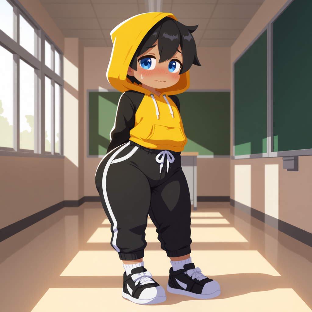 Elijah is wearing: Yellow hoodie with black sleeves, black sweatpants with white seams, black shoes with white soles, and white socks.