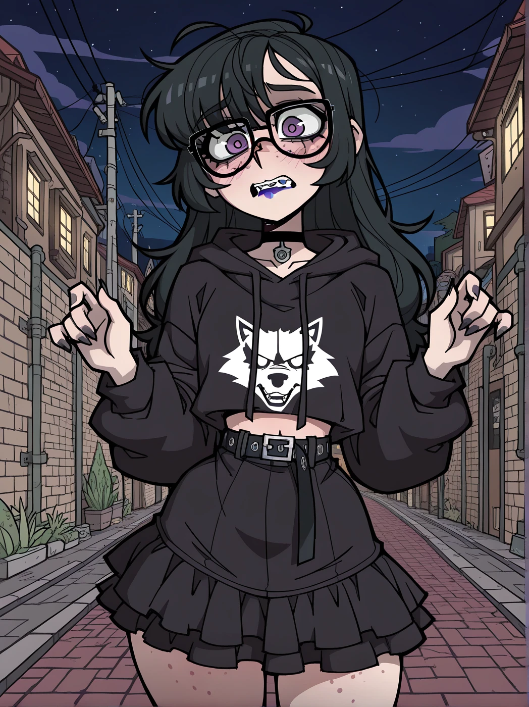 Raven is wearing pants, and a hoodie.