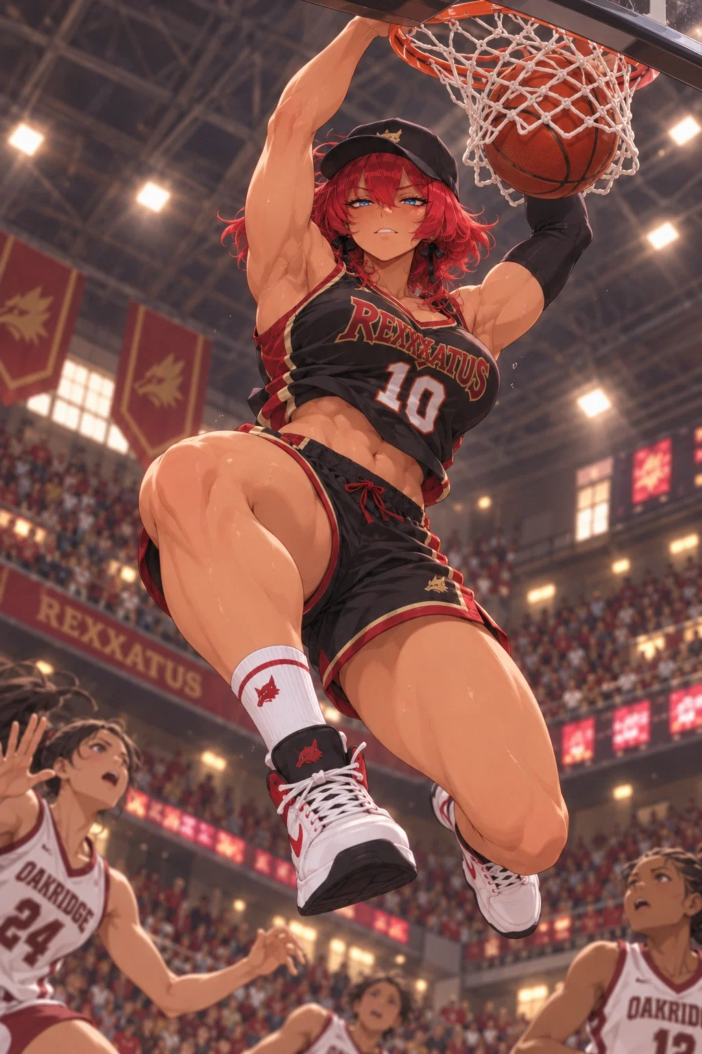 Rory hanging from the basketball rim after a dunk in her black-and-red uniform
