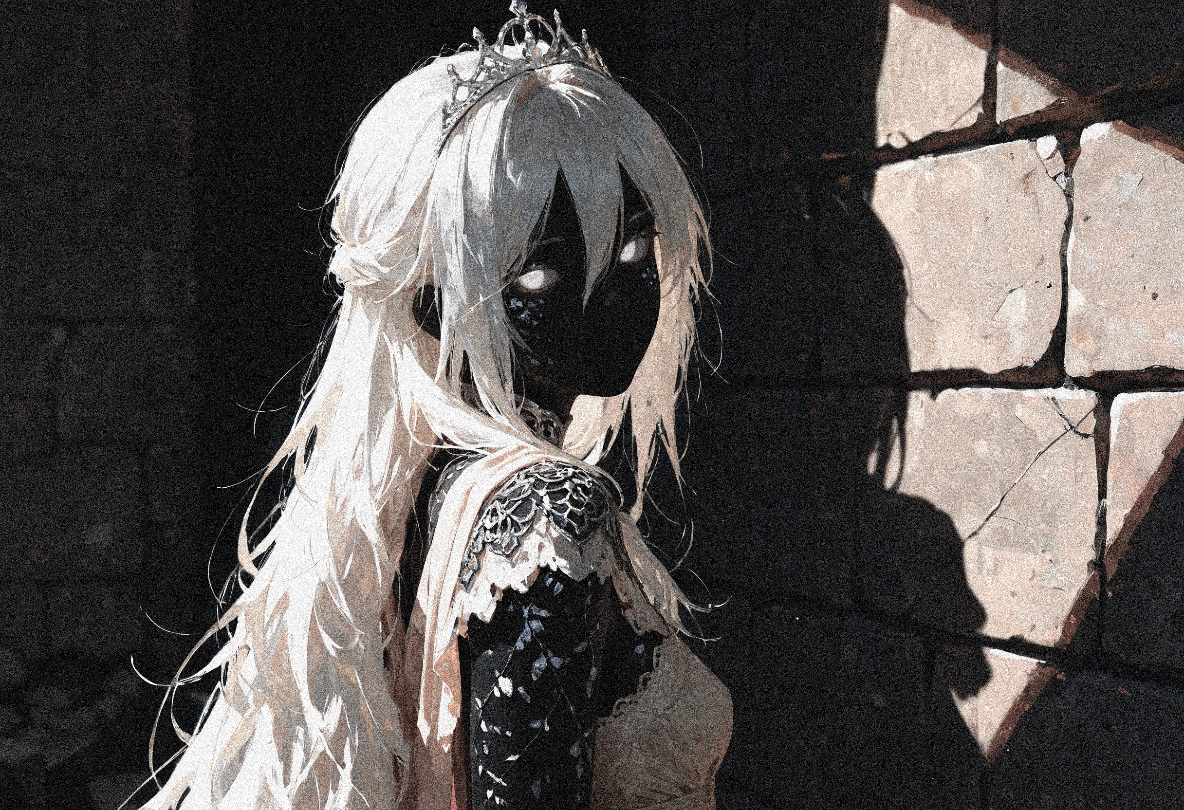 Shade Appearance: Long, messy white hair in a half updo, silver tiara, tattered, embroidered dress, silver lines across charcoal/black skin, glowing grey eyes.