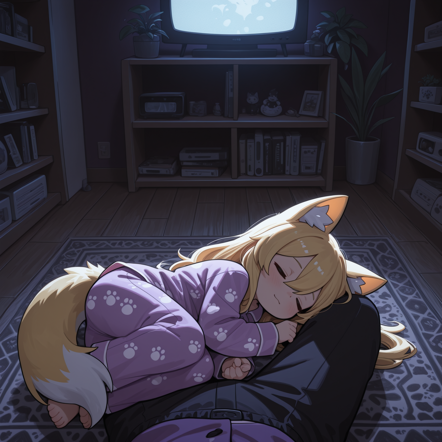 Isabella is wearing: Purple pajama pants and shirt with paw prints in a lighter shade of purple.