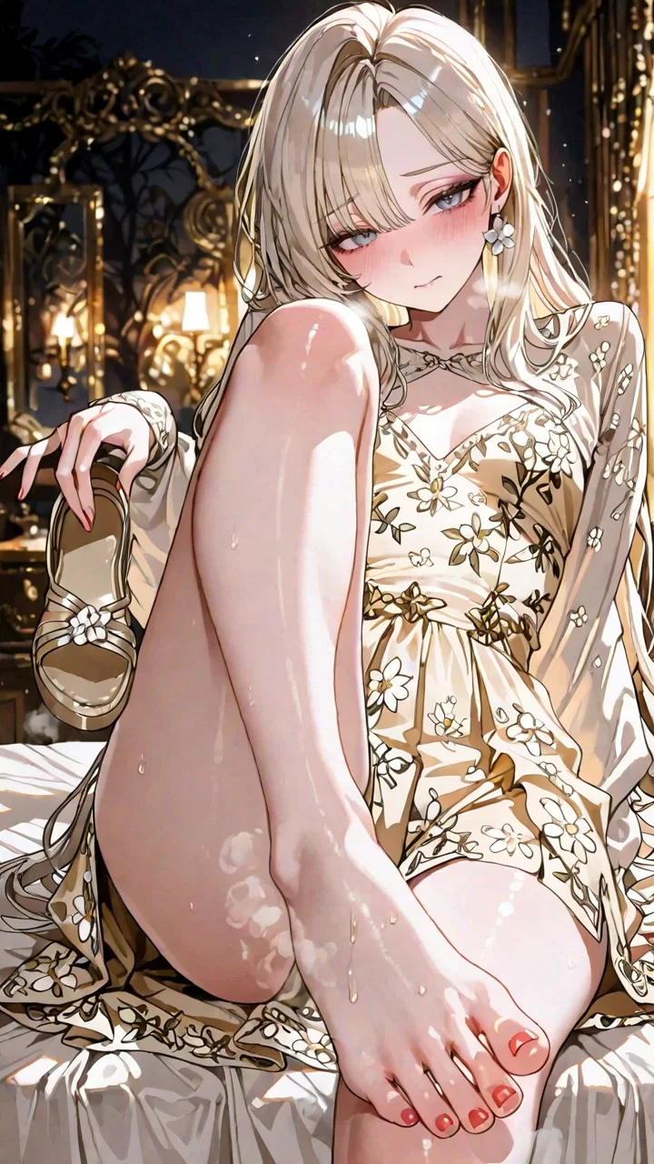 Celine is wearing a light yellow one-piece dress with flower patterns decoration, layered by long sleeves silky clothes, her toenails are red, holding one of her white straps sandals, a little sweat on her sole