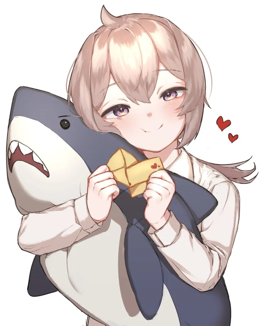 M200 hugging her Blahaj Shark plush, and smiling at you