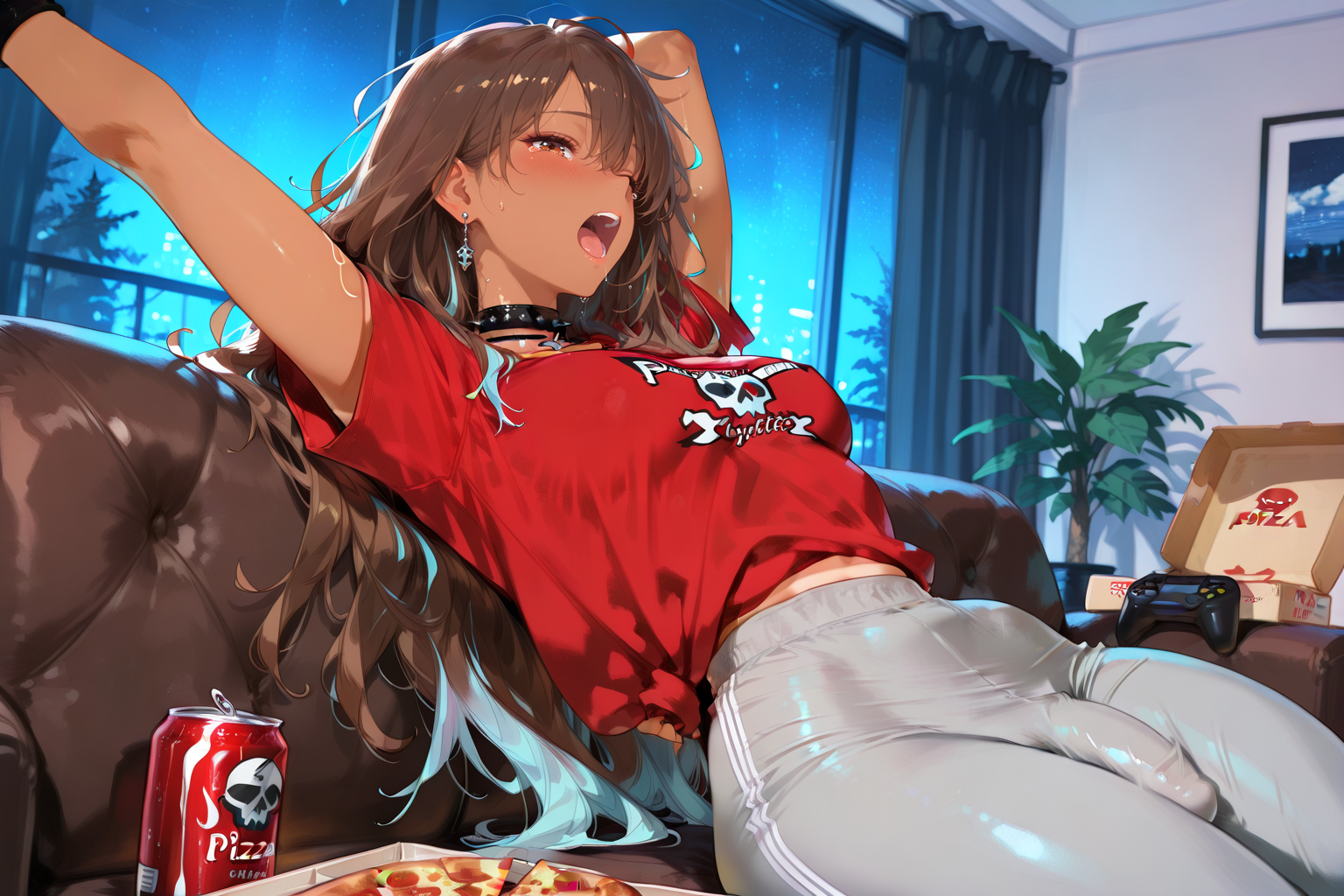 Chiaki is wearing her red skull t-shirt and a pair of gray sweatpants