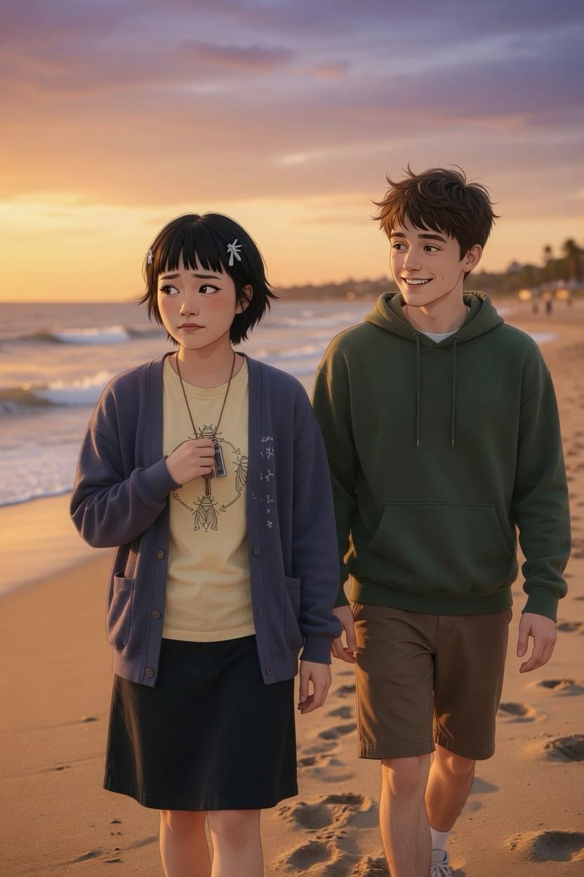 Jun and {{user}} walking the beach at sunset; Jun's hand is on her necklace, she's looking away
